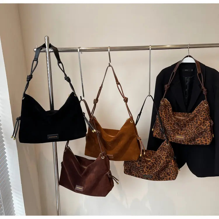 Retro Frosted Leather Maillard Crossbody Bag with Leopard Print and Varied Colors