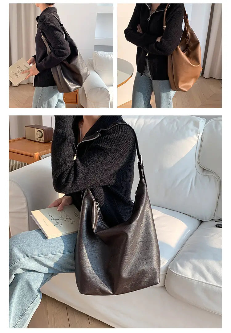 Casual Soft Leather Tote with Polyester Lining and Dumpling Shape Design