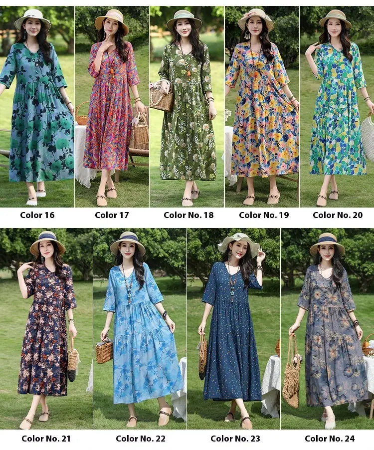 Plus-kokoinen Retro Art A-Line MIDI -hame Viscoosi Lyhythihainen mekko Naiset