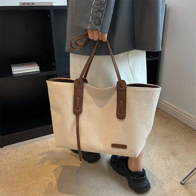 Canvas Shoulder Bag Large Oxford Tote Black Brown Double Strap for Travel Work