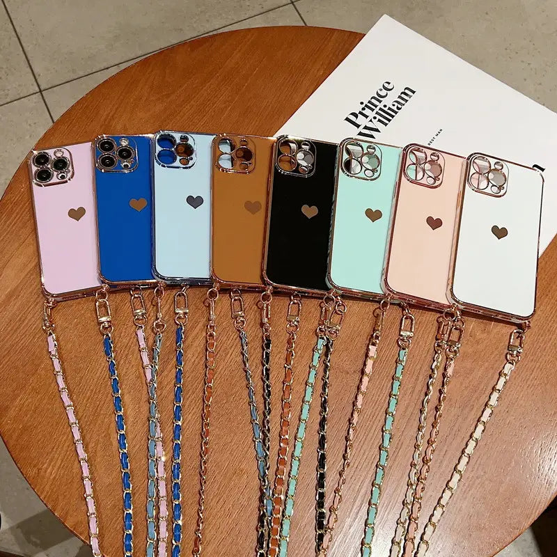 Electroplated Love Lanyard Phone Case for iPhone 11 12 8 with Anti-fall TPU