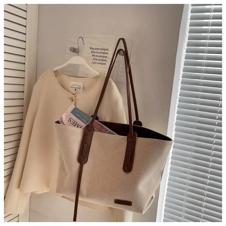 Canvas Shoulder Bag Large Oxford Tote Black Brown Double Strap for Travel Work