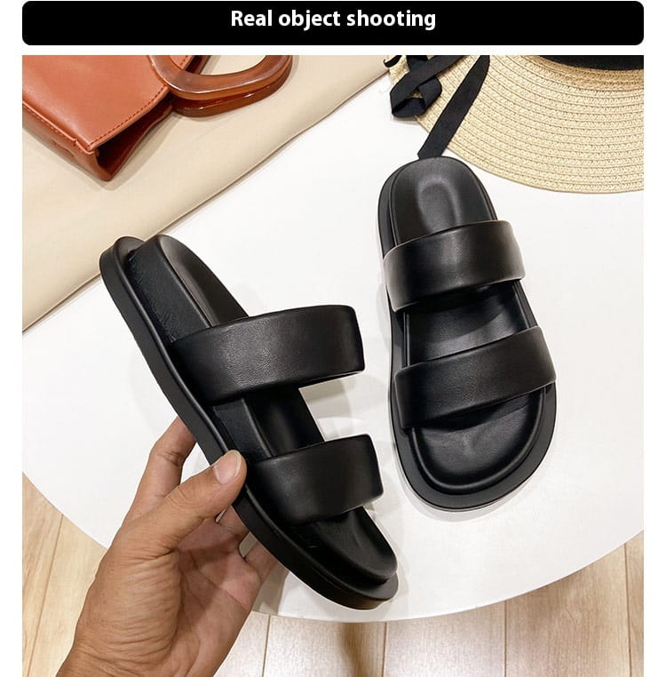 Black Sheepskin Flat Heel Slippers with Rubber Foam Sole