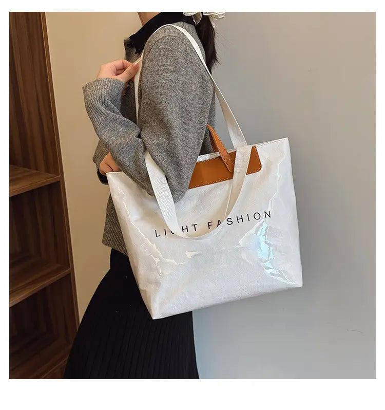 Kraft Paper Shoulder Bag Medium Square Tote in Neutral and Green Colors