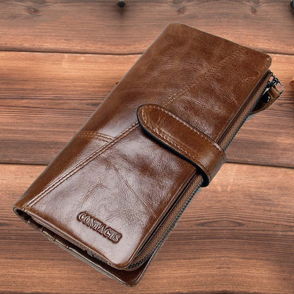 Fashion Stitching Long Cowhide Leather Men’s Wallet - Long Brown Leather Wallet for Stylish Cows and Men