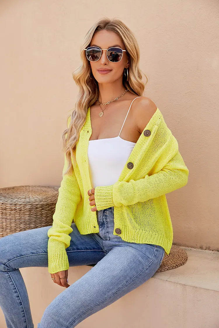 Yellow or Pink Knitted Cardigan Womens Button Up Lightweight Sweater S-XL