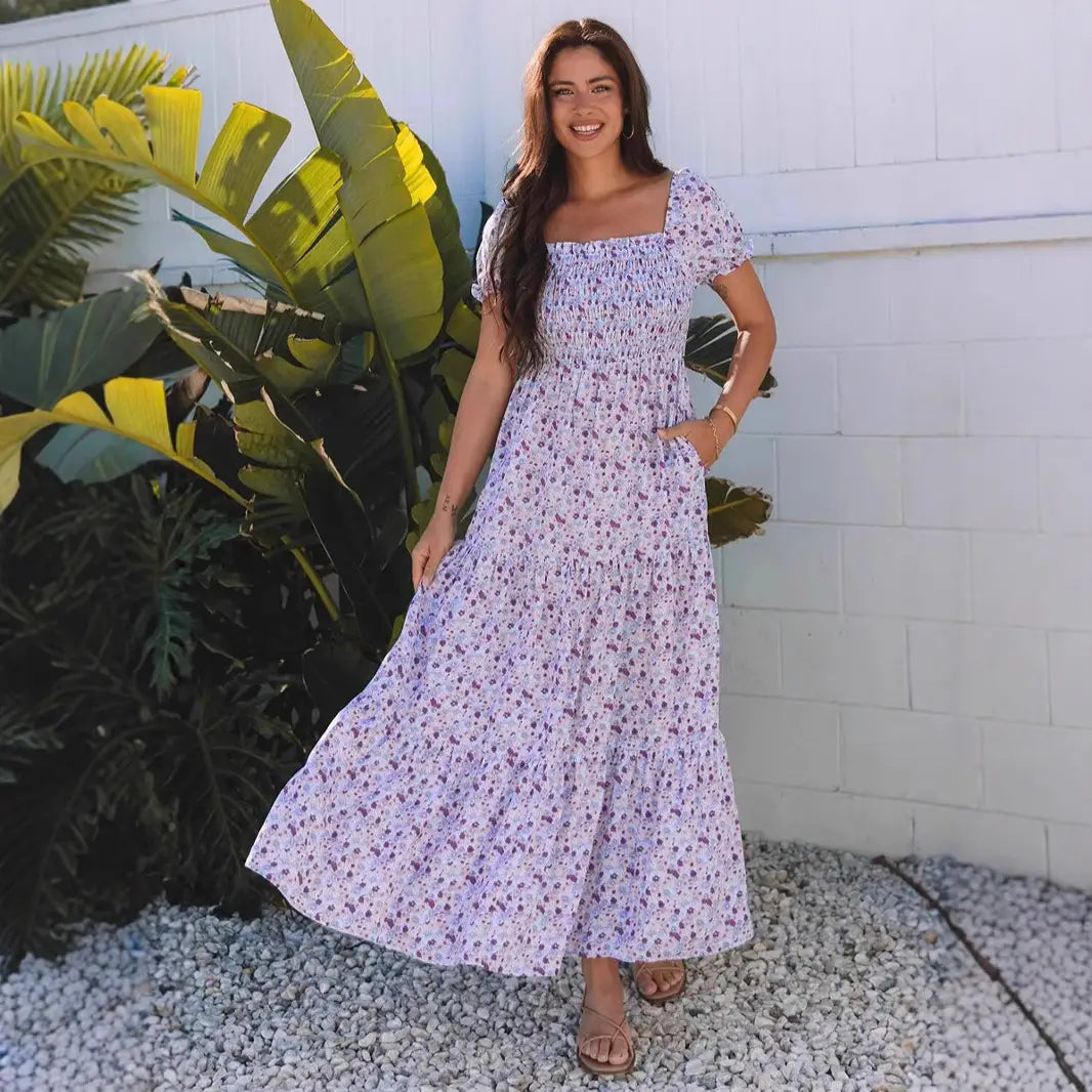 Purple Long Sleeve Maxi Dress Womens Sweet Summer Casual Polyester Skirt