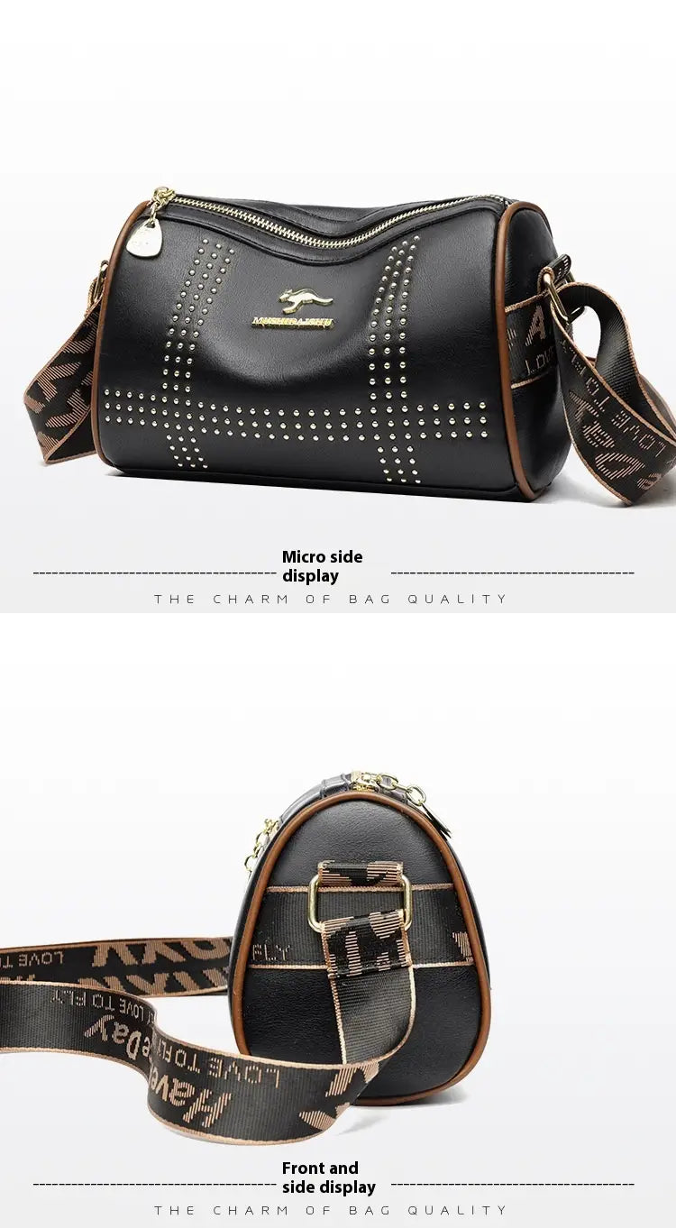 Color Contrast Patchwork Rivet Crossbody Bag with Soft Leather Shoulder Strap