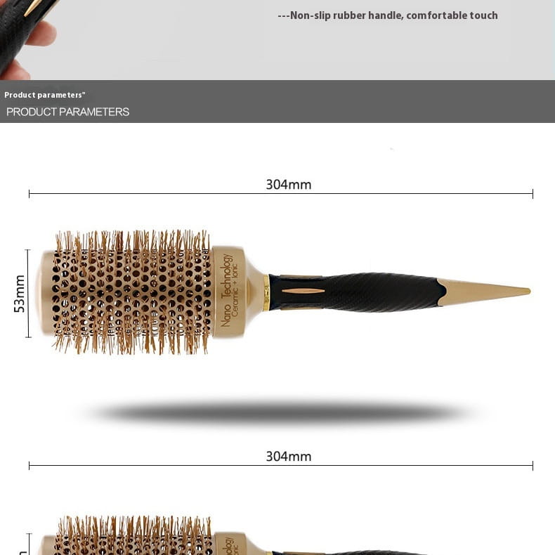 Golden Nylon Wool Ceramic Tube Rolling Comb with Pointed Tail for Hair Styling