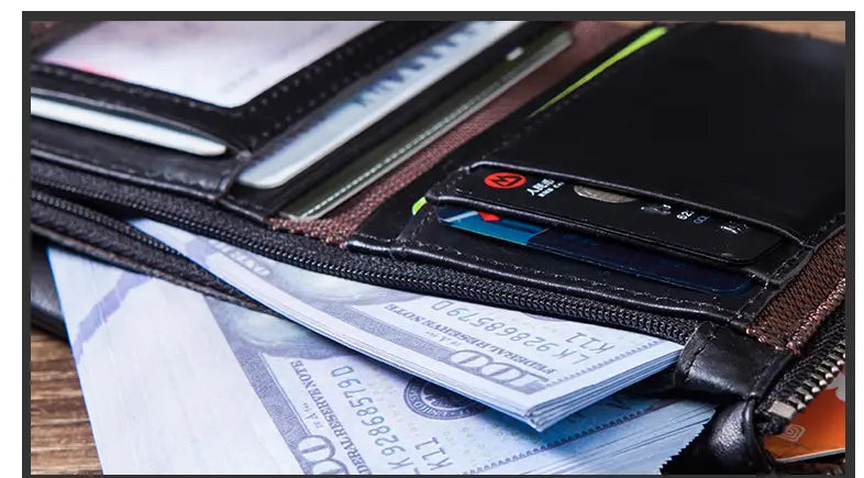 Leather Cortex Wallet with Double Zipper Buckle and Secure Internal Compartments