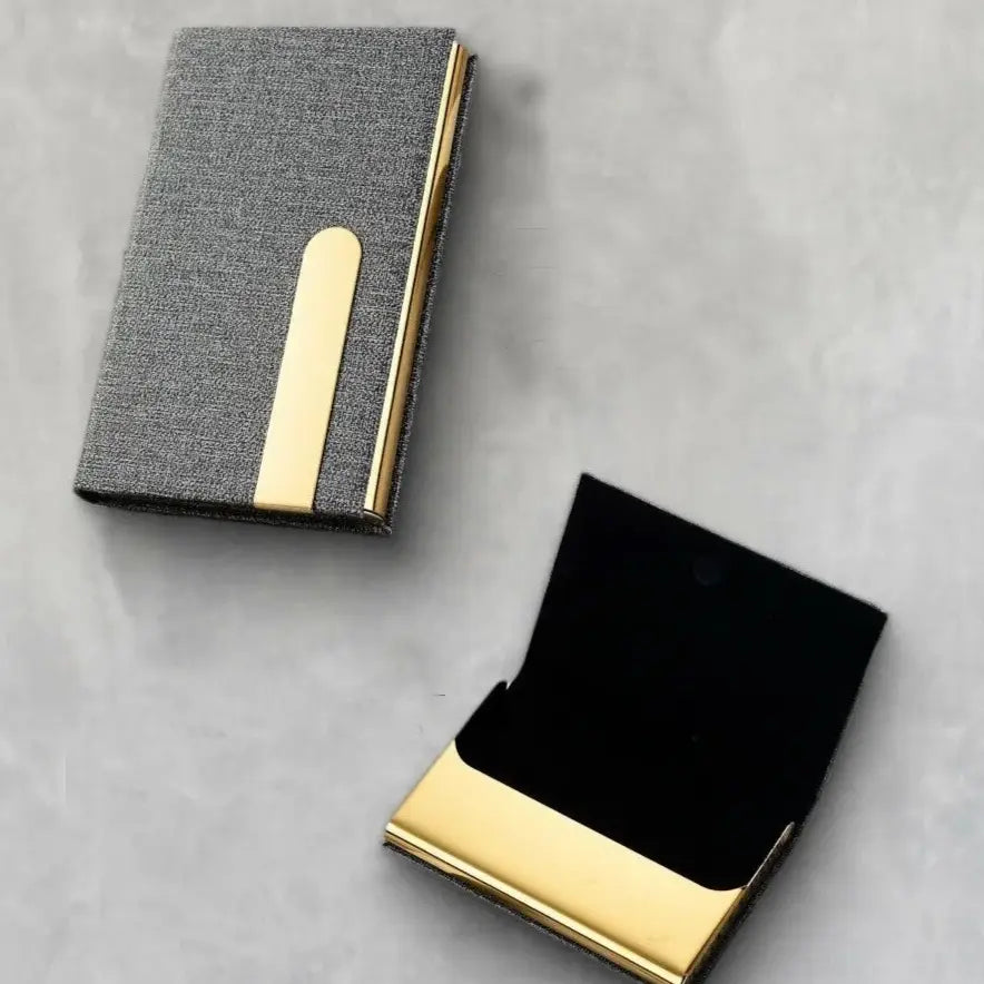 Gray 13 Gold and Silver Metal Business Card Holder with Stainless Steel PU Pack