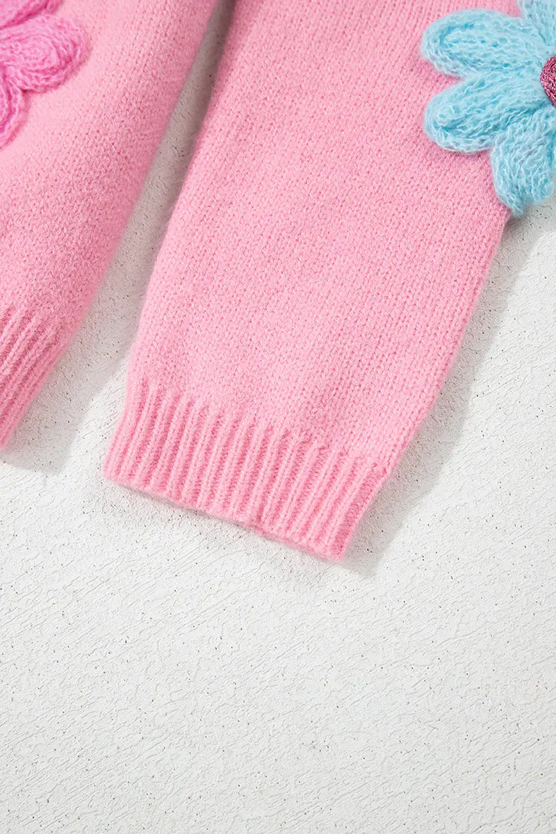 Różowy kwiatowy sweter z dzianiny 3D dla kobiet luźne akrylowe sweter do xl