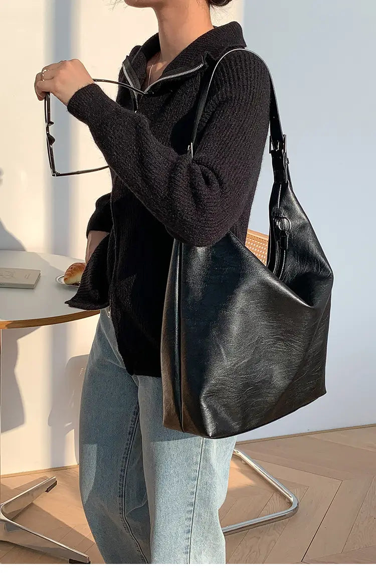 Casual Soft Leather Tote with Polyester Lining and Dumpling Shape Design