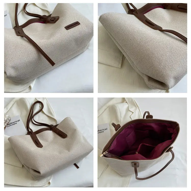 Canvas Shoulder Bag Large Oxford Tote Black Brown Double Strap for Travel Work