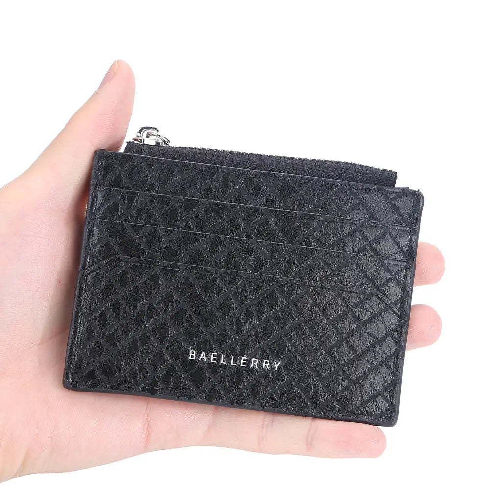 Small Card Bag with Zipper and Checker Interior in PU Leather