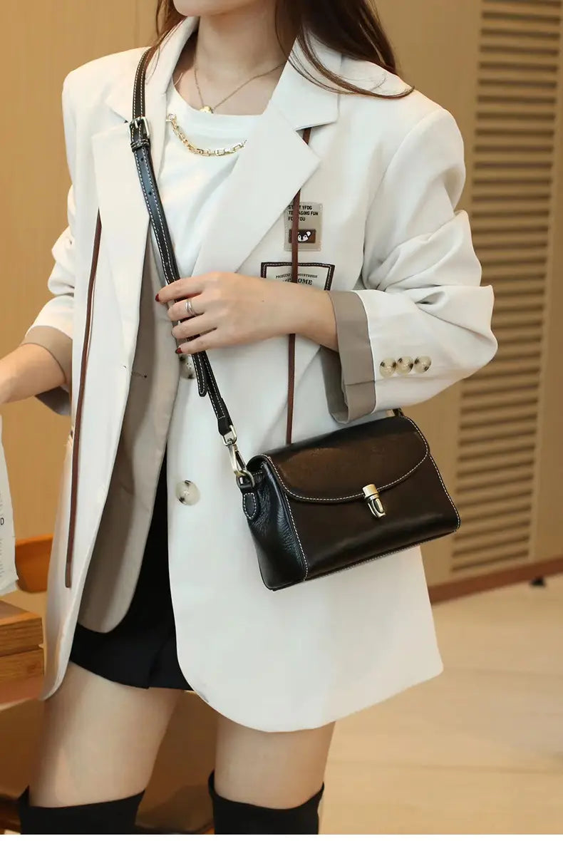 Exquisite Cowhide Small Square Bag with Internal Zipper in Stylish Simple Design