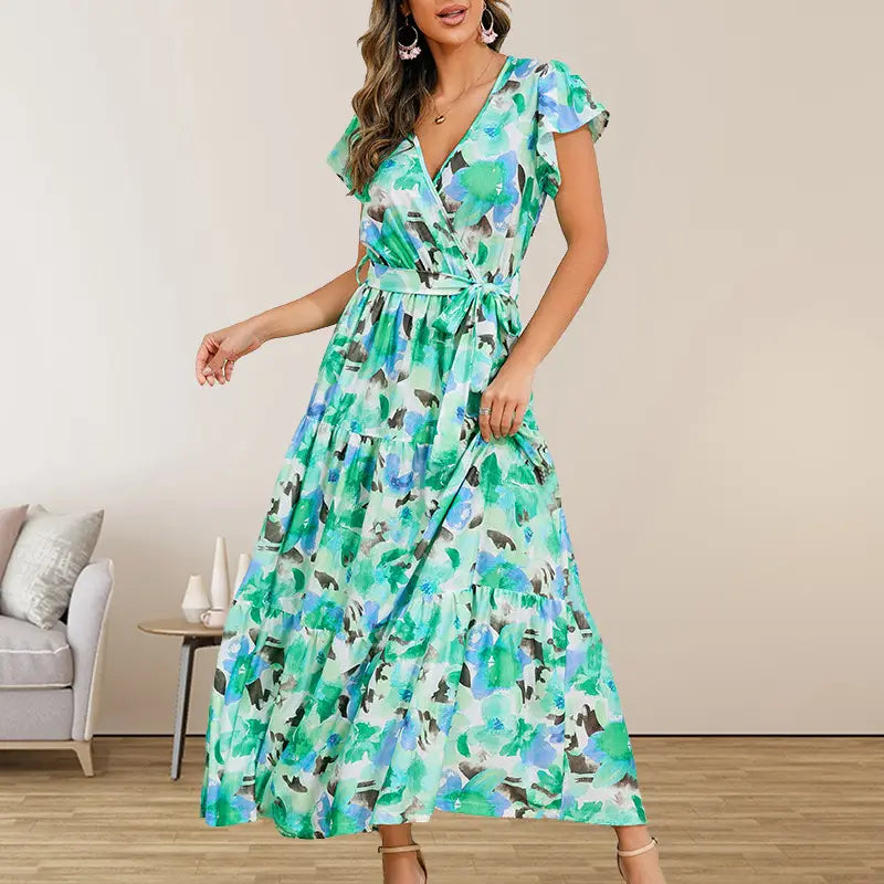 Floral Print Long A-Line Skirt Lace Up Mid Waist Boho Pullover Maxi