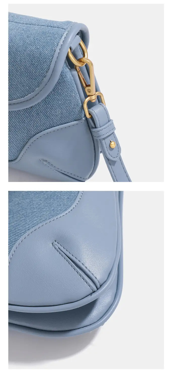 Retro Denim Blue Underarm Bag for Women with Sandwich Pocket and Zipper