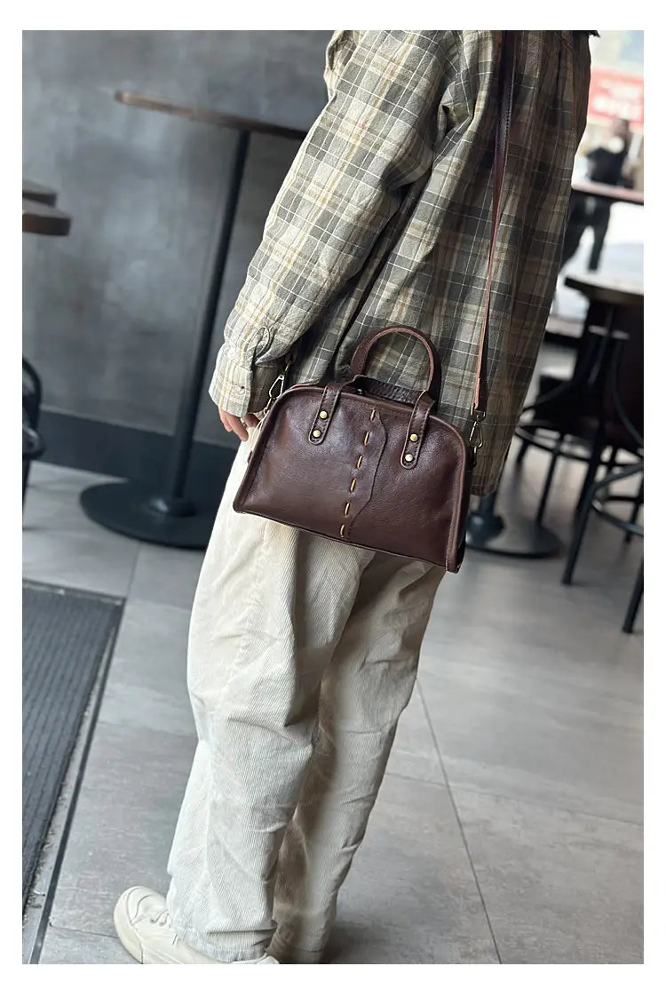 Portable Crossbody Bag with Genuine Leather for Simple Retro Literary Style