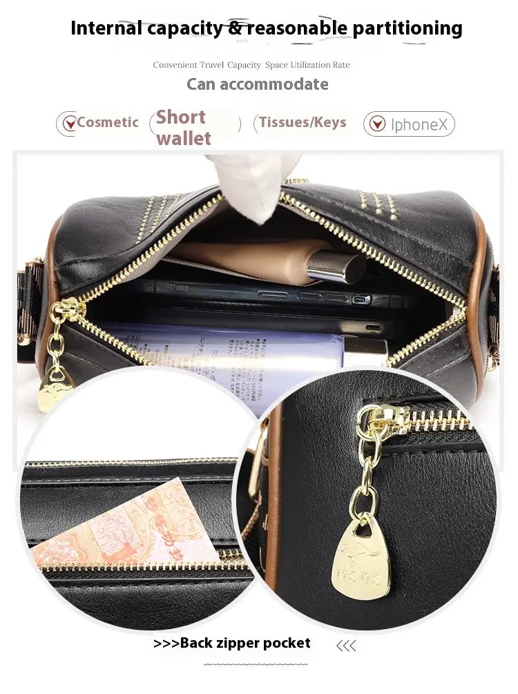 Color Contrast Patchwork Rivet Crossbody Bag with Soft Leather Shoulder Strap