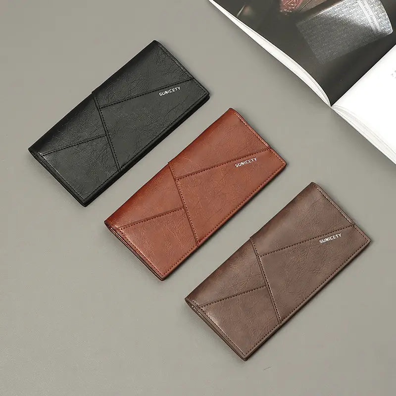 PU Leather Wallet for Men with Simple Stitching in Black Coffee Brown