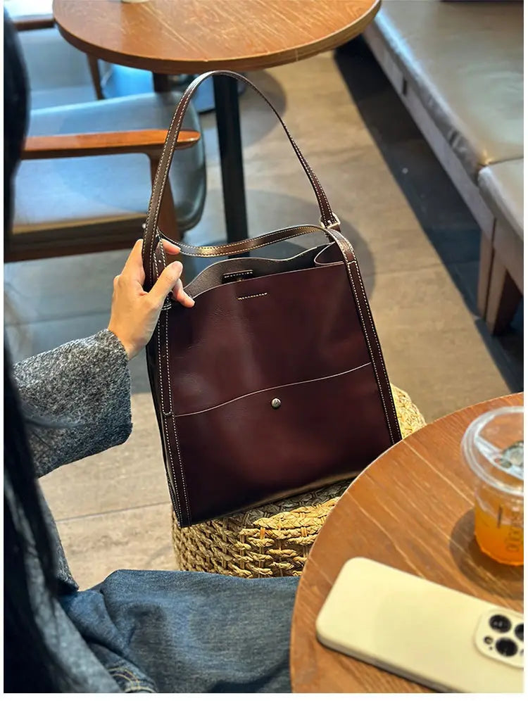 Genuine Leather Cowhide Tote Bag Square Handbag with Zipper Pocket for Women