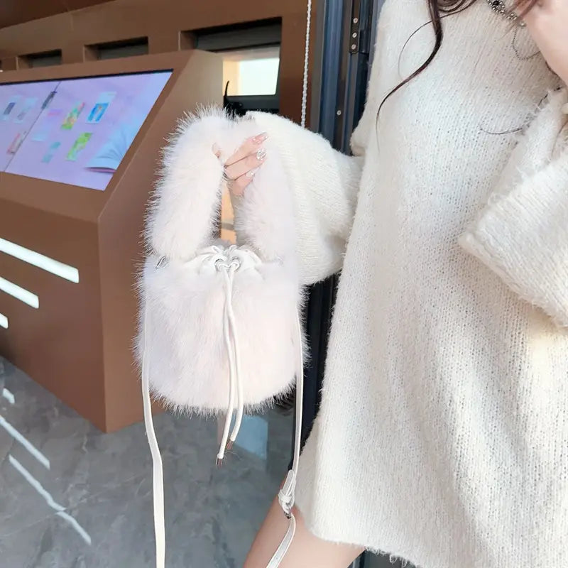 Furry Crossbody Bag Portable Bucket Suitcase with Soft Plush Material