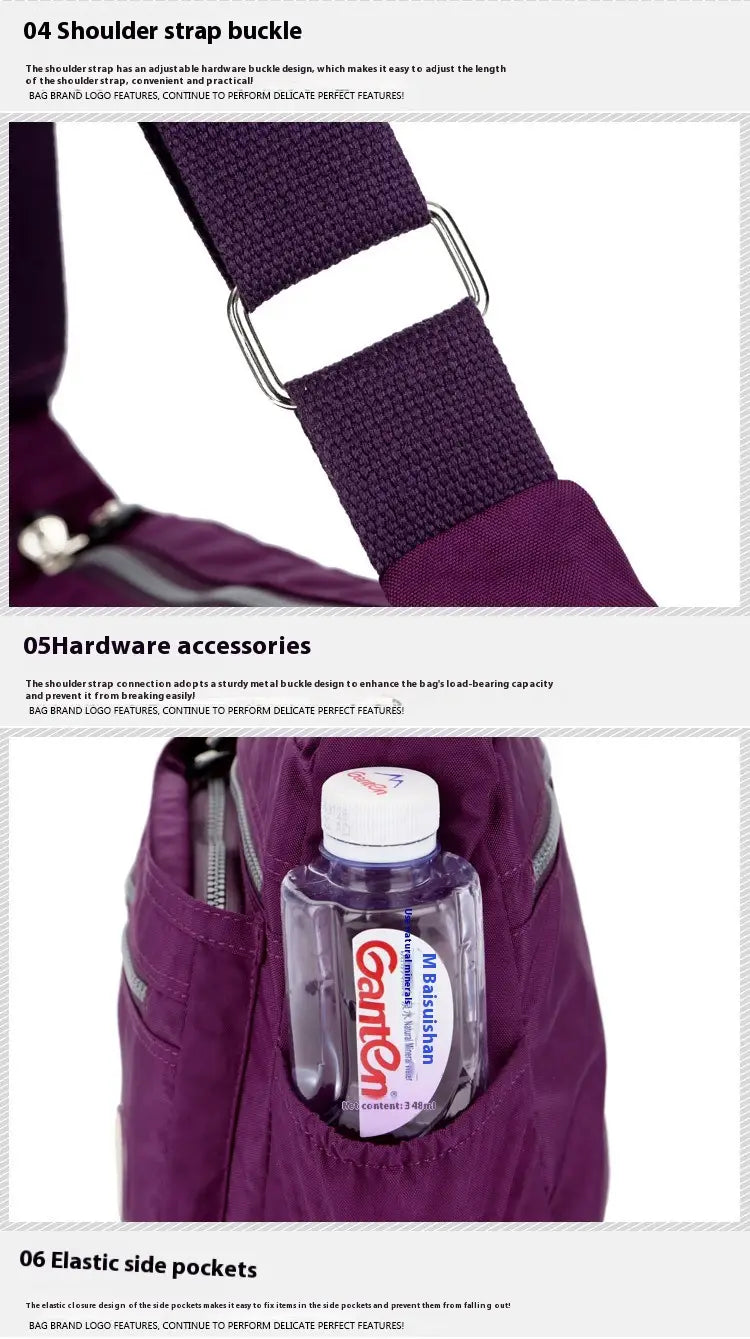 Nylon Travel Shoulder Bag with Zipper Pocket Crossbody Handbag for Women