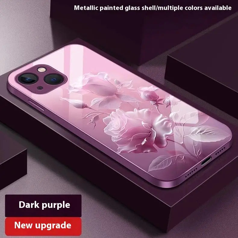 Red Blooming Rose Glass Painted Phone Case for Enhanced Durability
