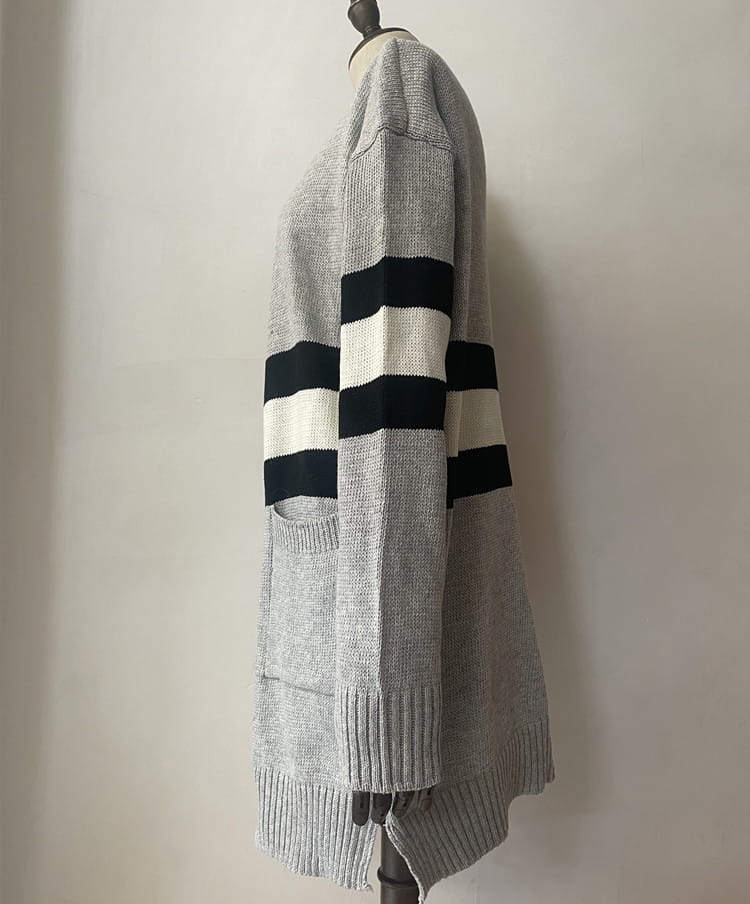 Contrast Color Striped Cardigan Gray Apricot Street Fashion Acrylic Sweater