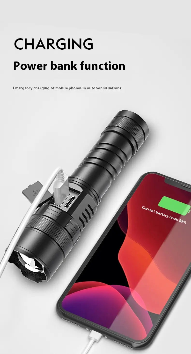 Camping Portable Flashlight with USB Charging Zoom and Battery Rack