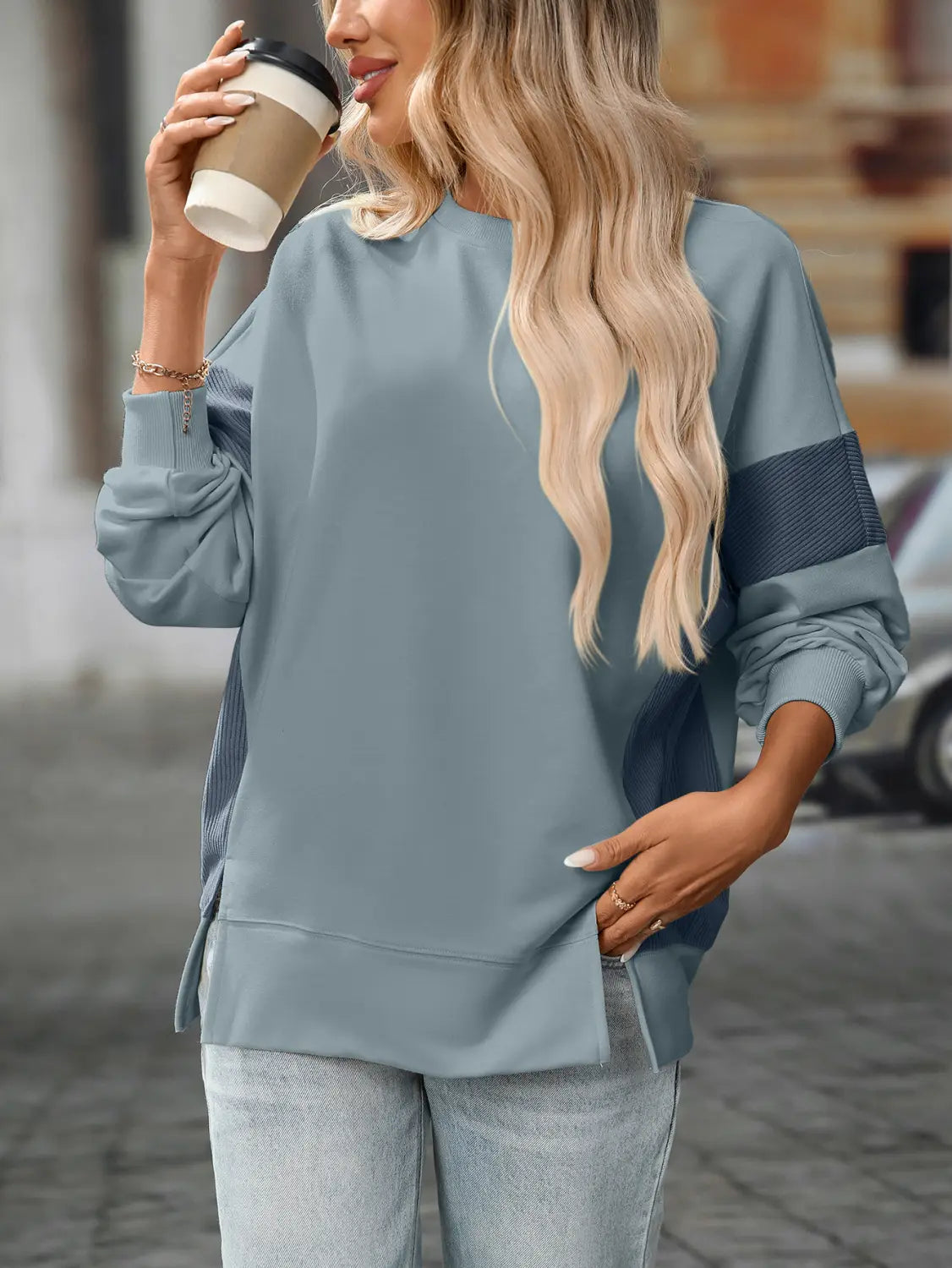 Moda de rua do suéter de pulôver colorida contraste do pescoço redondo para mulheres