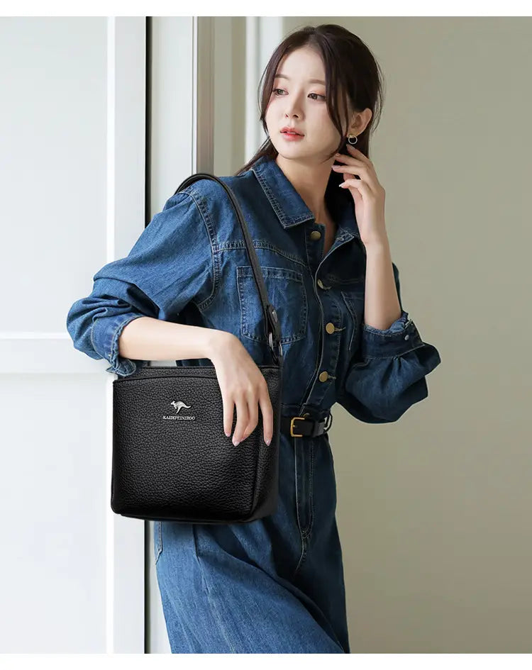 Rucsac cu valiză cu găleată din piele moale cu buzunar telefonic mai multe culori