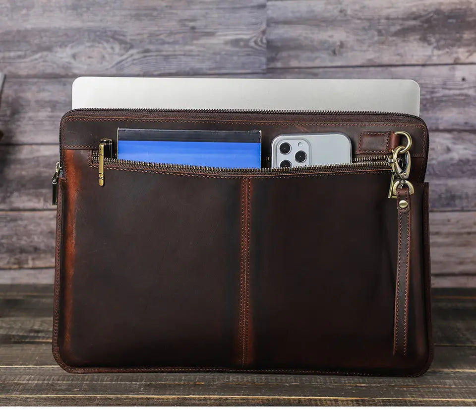 Brown Leather Laptop Sleeve Case for MacBook Pro 15 16 and iPhone Compatible
