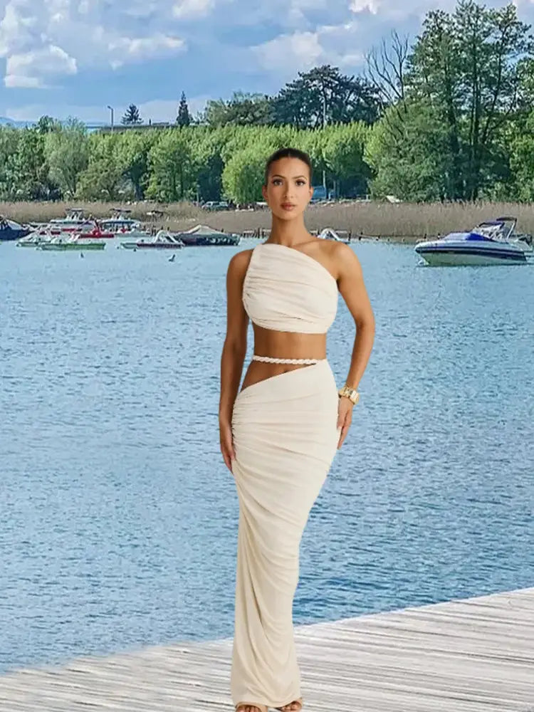 Long Skirt Two Piece Set Oblique Shoulder Spandex in Milky White Brown Blue