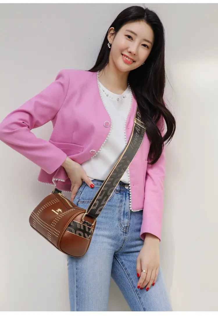 Color Contrast Patchwork Rivet Crossbody Bag with Soft Leather Shoulder Strap