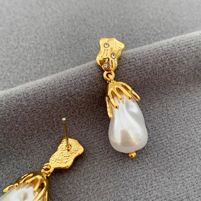Gold Foil Pearl Earrings Baroque Style 925 Silver Needle Simple