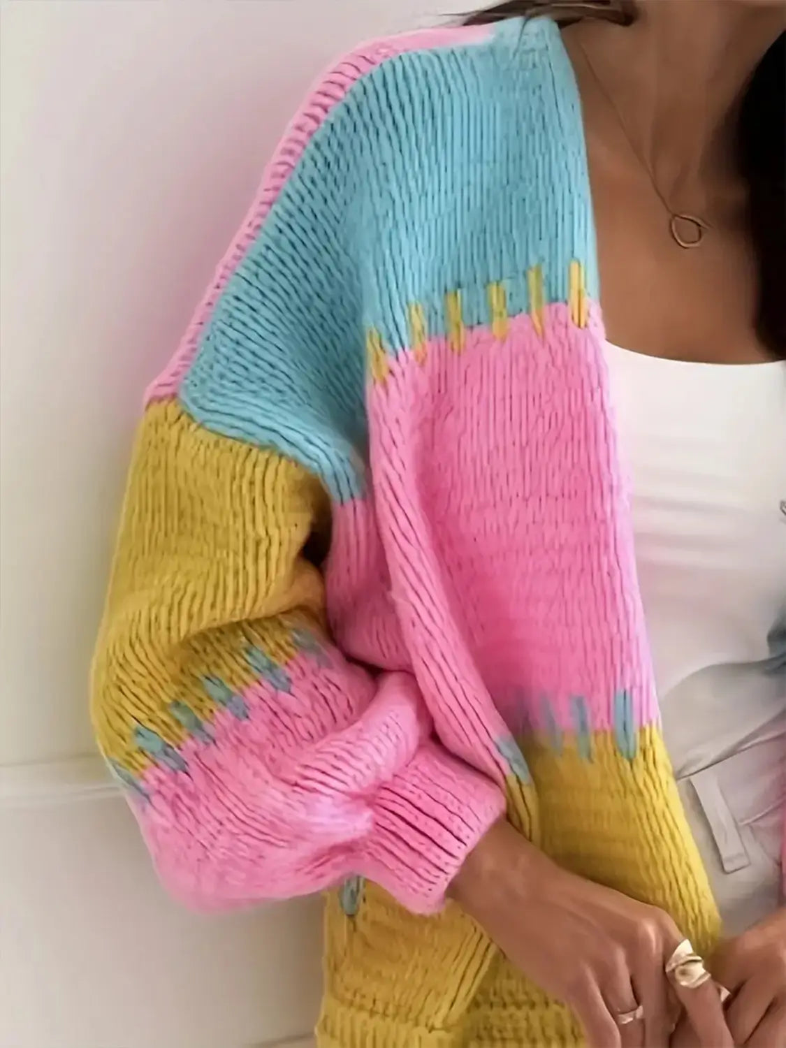 Couleur de contraste Couleur rétro Cardigan Lantern Sweater artistique pour les femmes