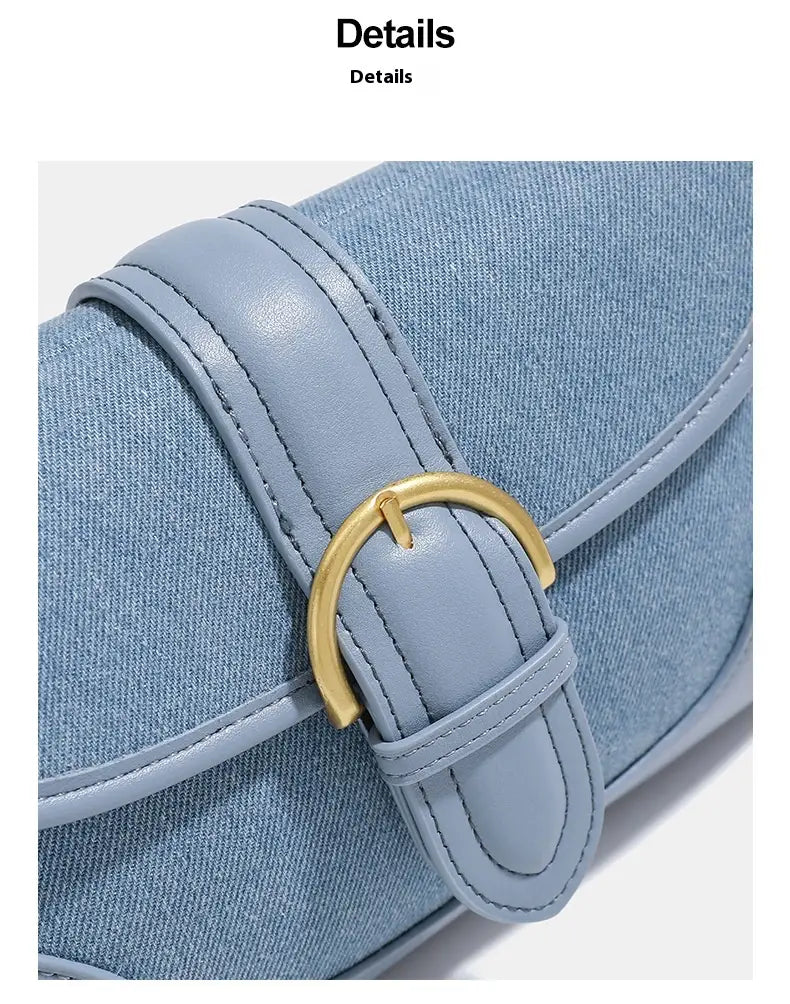 Retro Denim Blue Underarm Bag for Women with Sandwich Pocket and Zipper