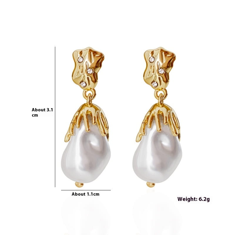 Gold Foil Pearl Earrings Baroque Style 925 Silver Needle Simple