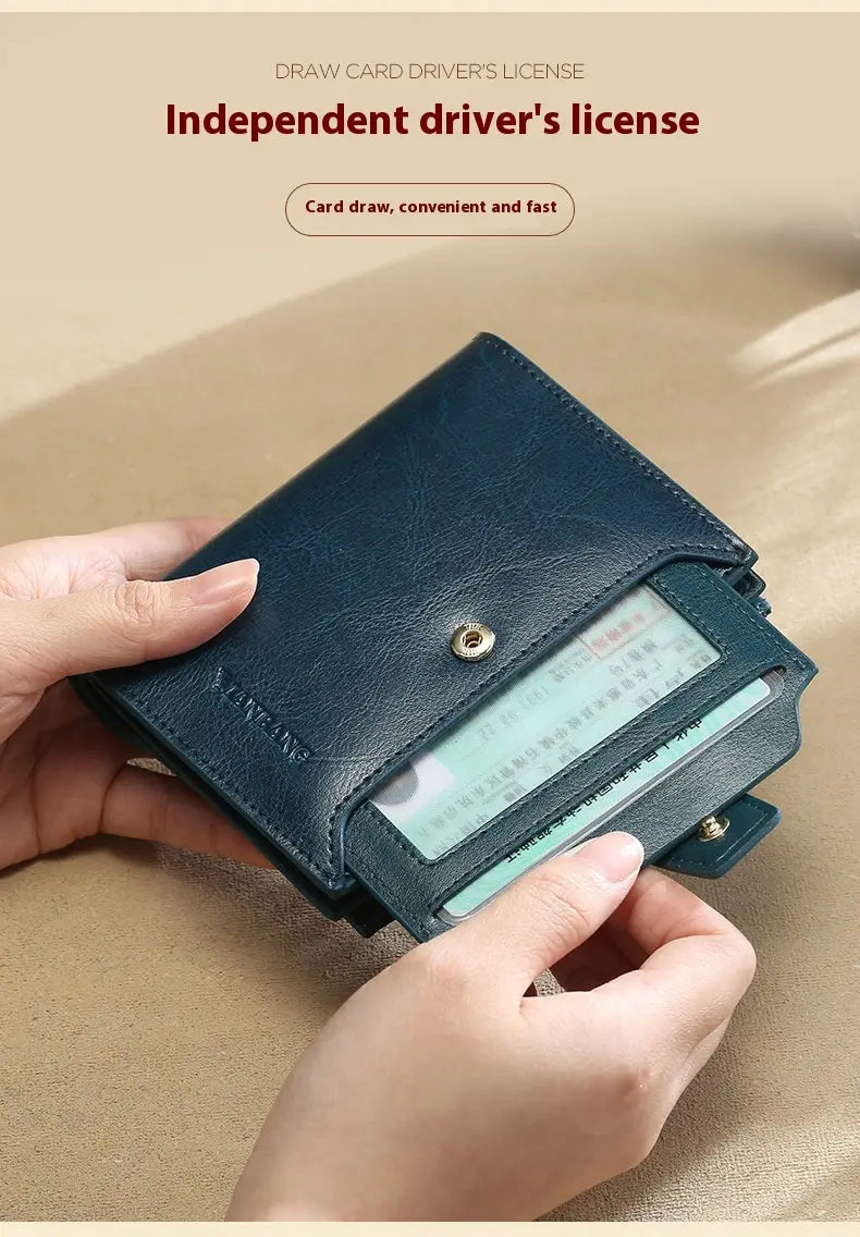 Sparán na mBan leathair gorm le sliotán cárta frith-ghoid agus líneáil poileistir