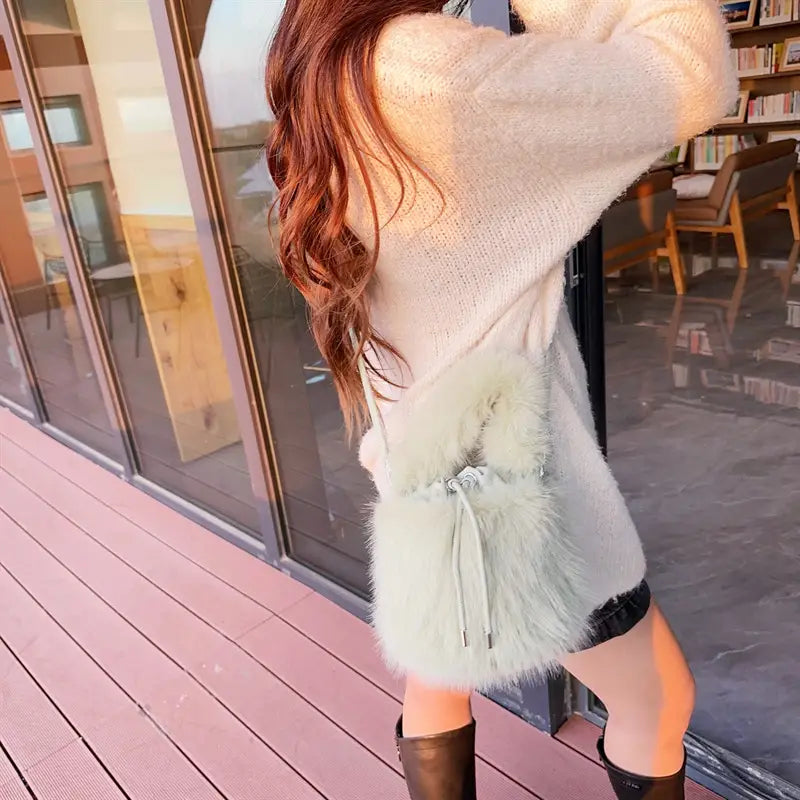 Furry Crossbody Bag Portable Bucket Suitcase with Soft Plush Material