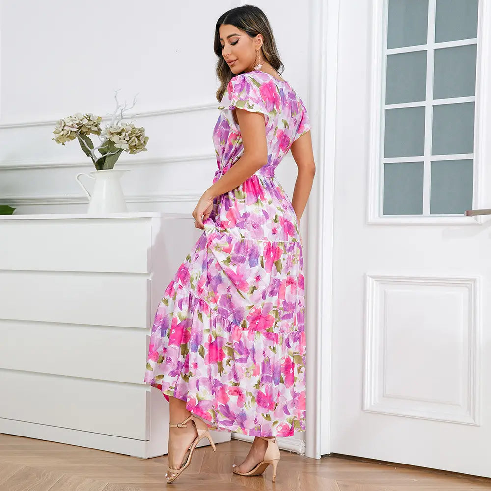 Floral Print Long A-Line Skirt Lace Up Mid Waist Boho Pullover Maxi