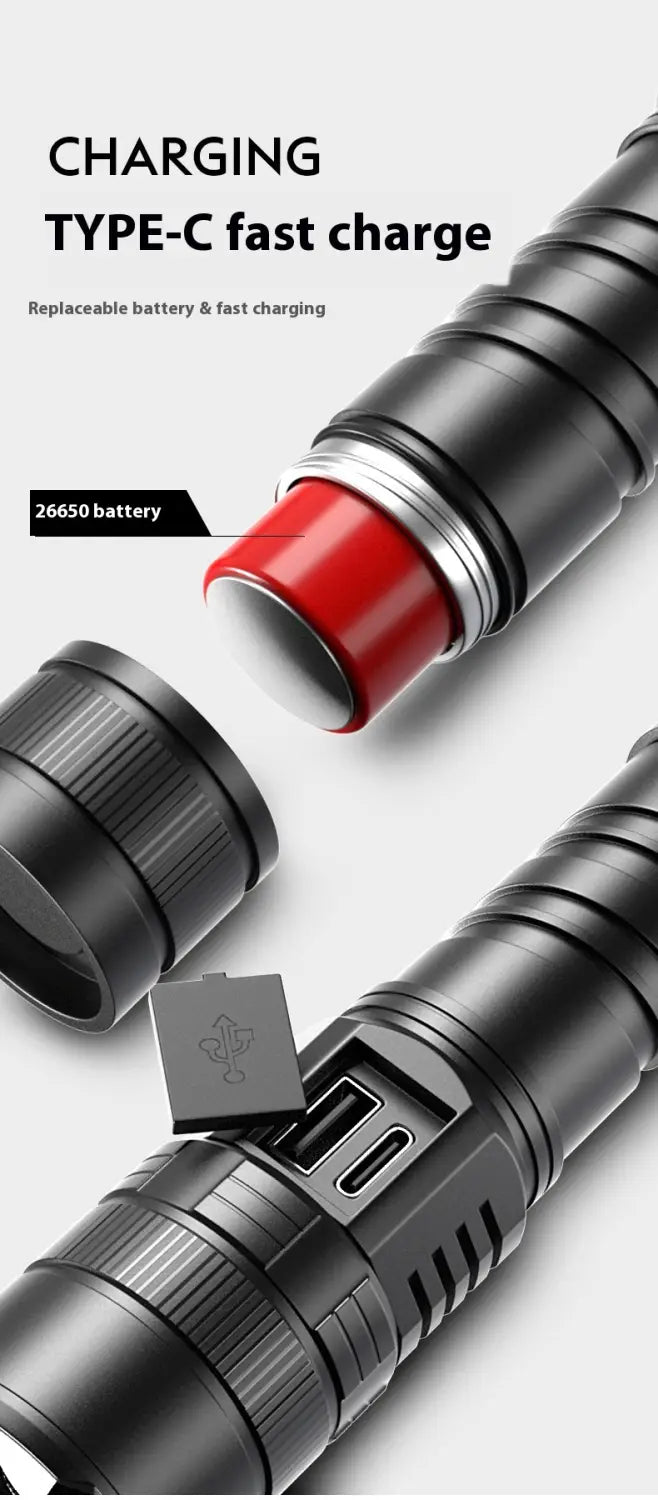 Camping Portable Flashlight with USB Charging Zoom and Battery Rack