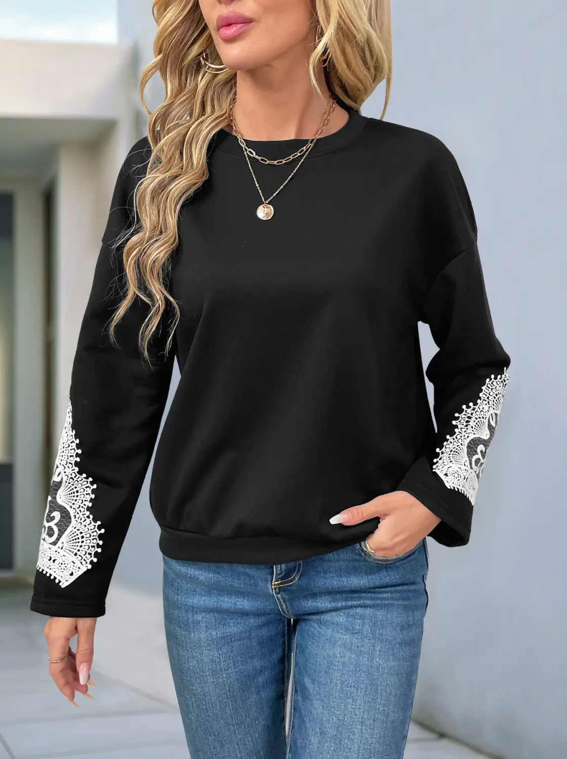 Black Lace Pullover cu mânecă lungă Casual Casual Femei Asiatice Dimensiuni S la XL