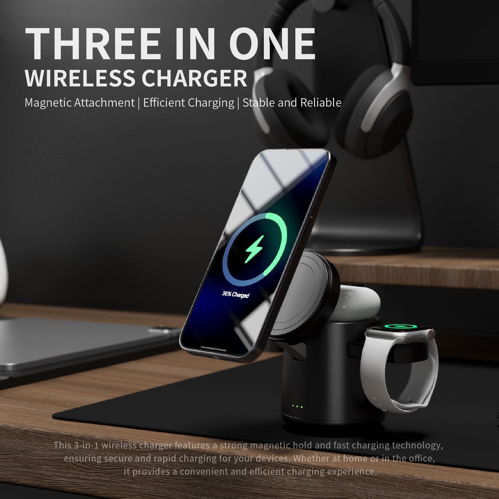 15W Magnetic Three-in-one Wireless Charger - Charge Like a Magician with This Wireless Charger