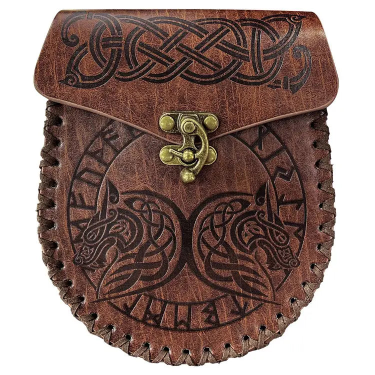 Leather Waist Purse with Alloy Buckle and Double Dragon or Wolf Design