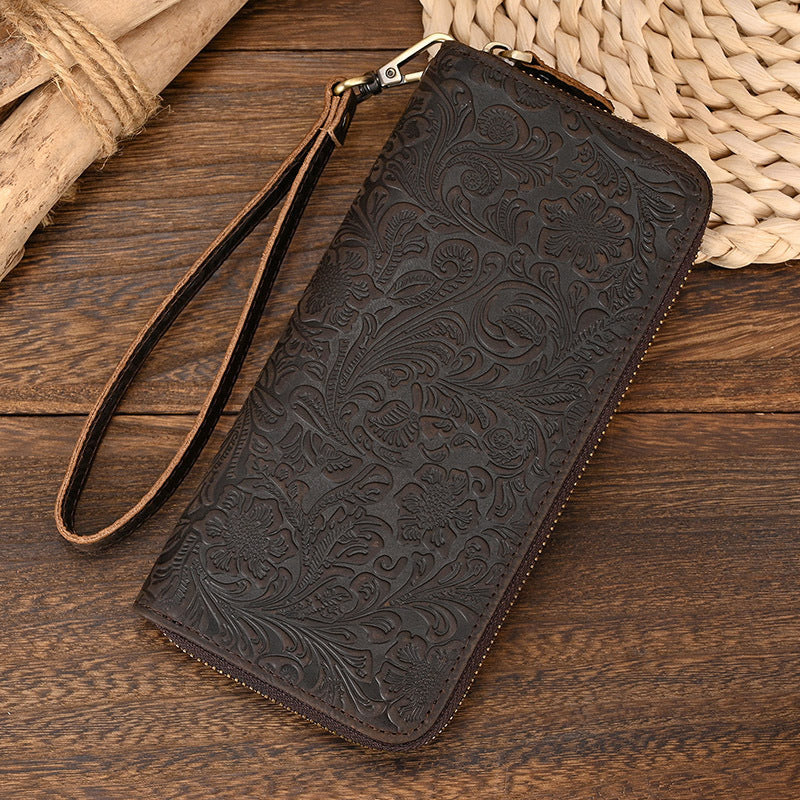 Men’s Crazy Horse Leather Retro Embossing Fashion Long Wallet - Men’s Crazy Horse Brown Embossed Wallet for Style