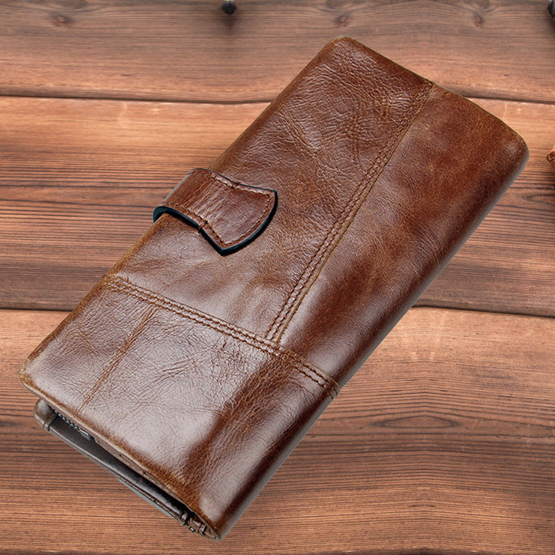 Fashion Stitching Long Cowhide Leather Men’s Wallet - Long Brown Leather Wallet for Stylish Cows and Men