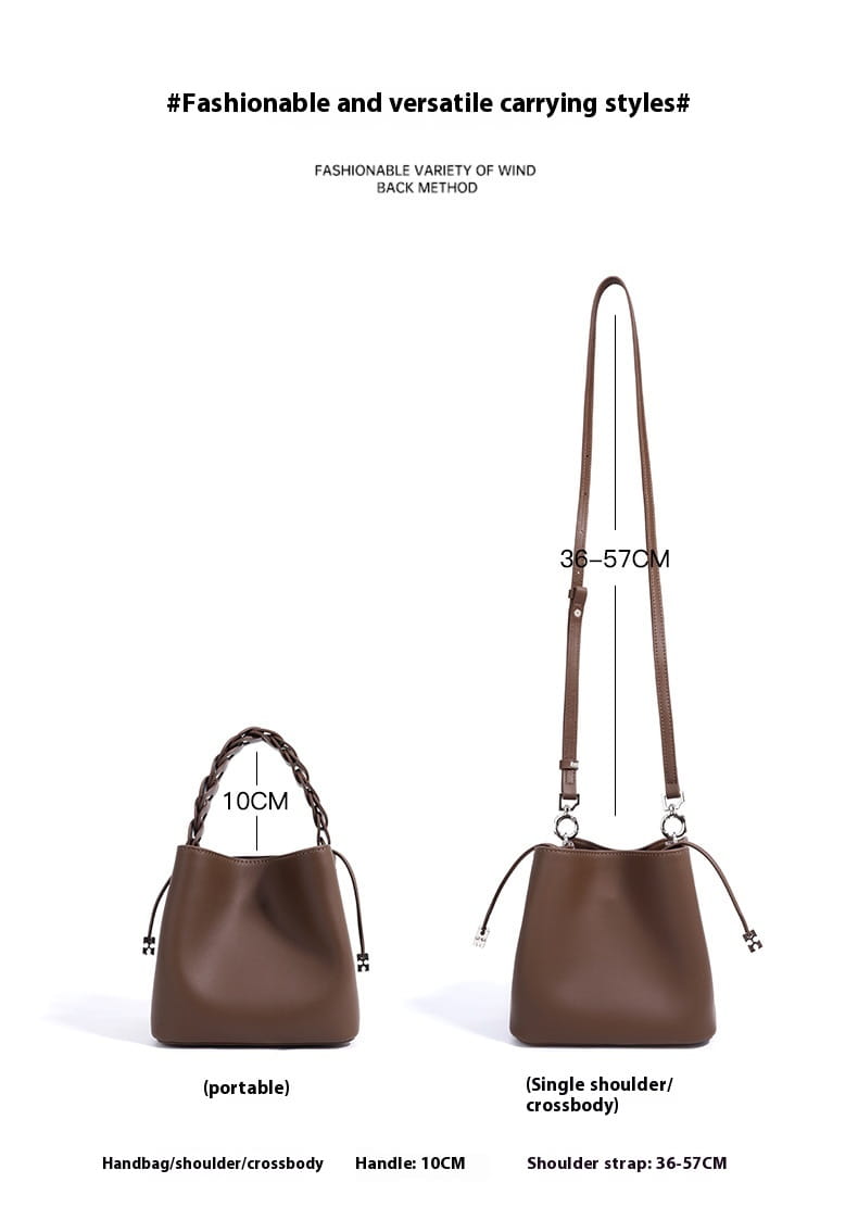 Cowhide Cross Body Bucket Bag med bomullsforfôr og åpen lomme medium størrelse